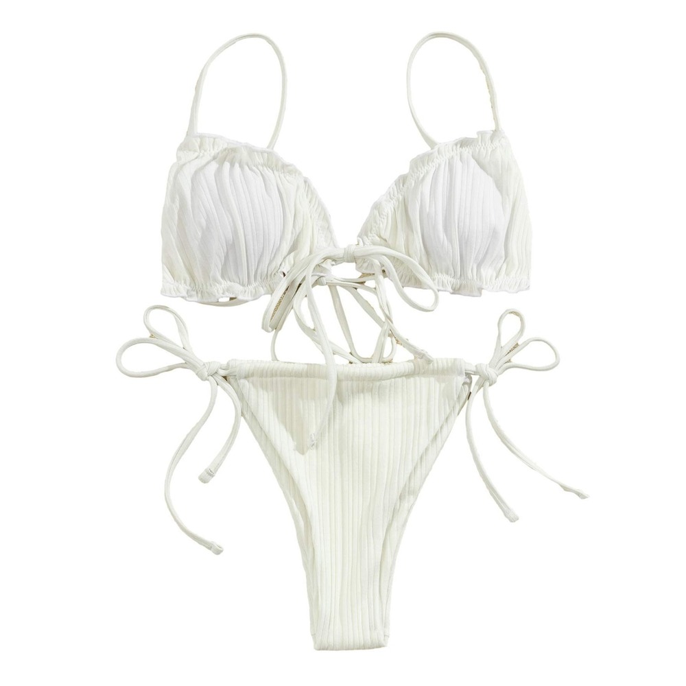 Lilosy Brazilian Bikini‎ Womens M Cream White Ribbed Ruffle Tie 2 Piece 791 NWT